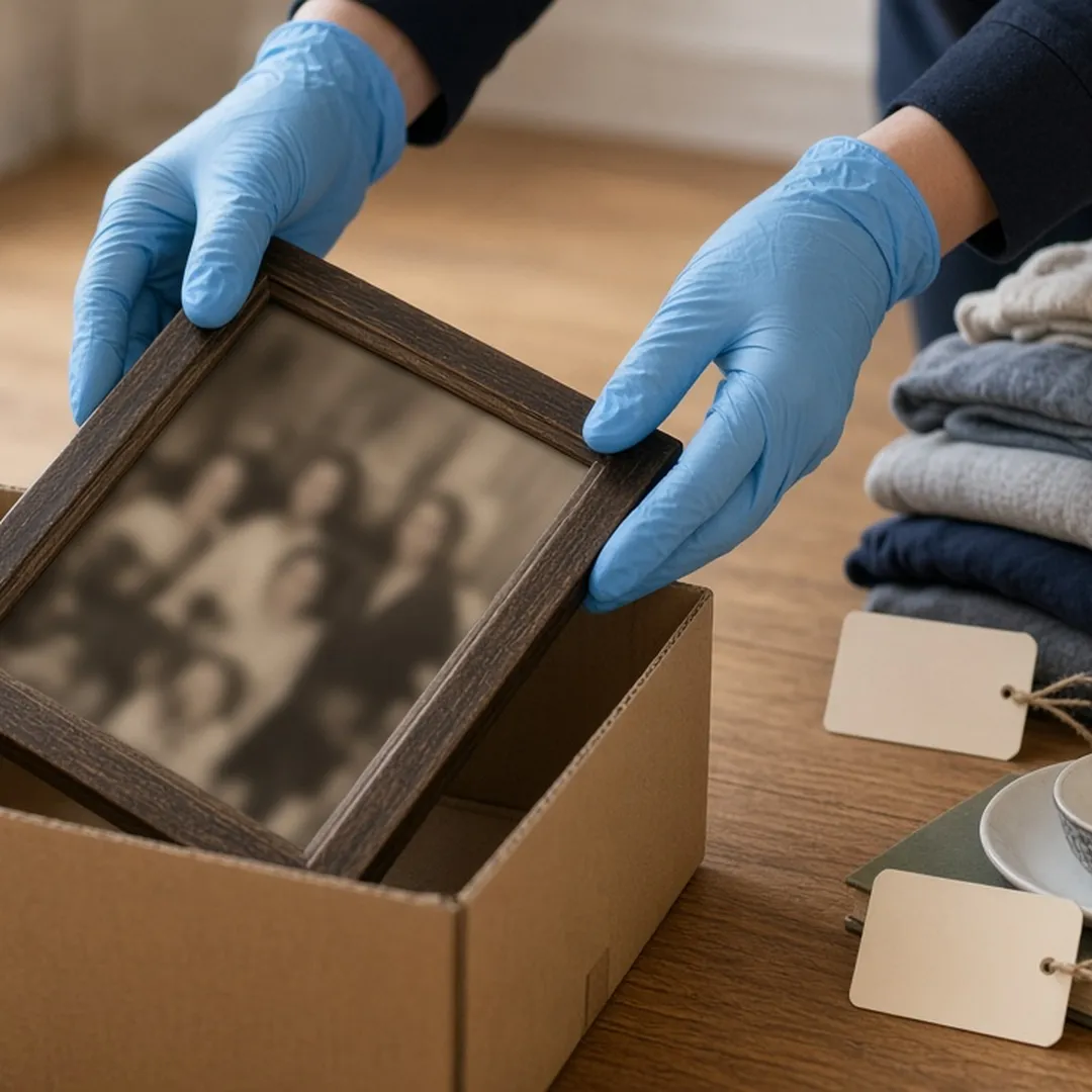 Gloved hands sorting belongings into groups