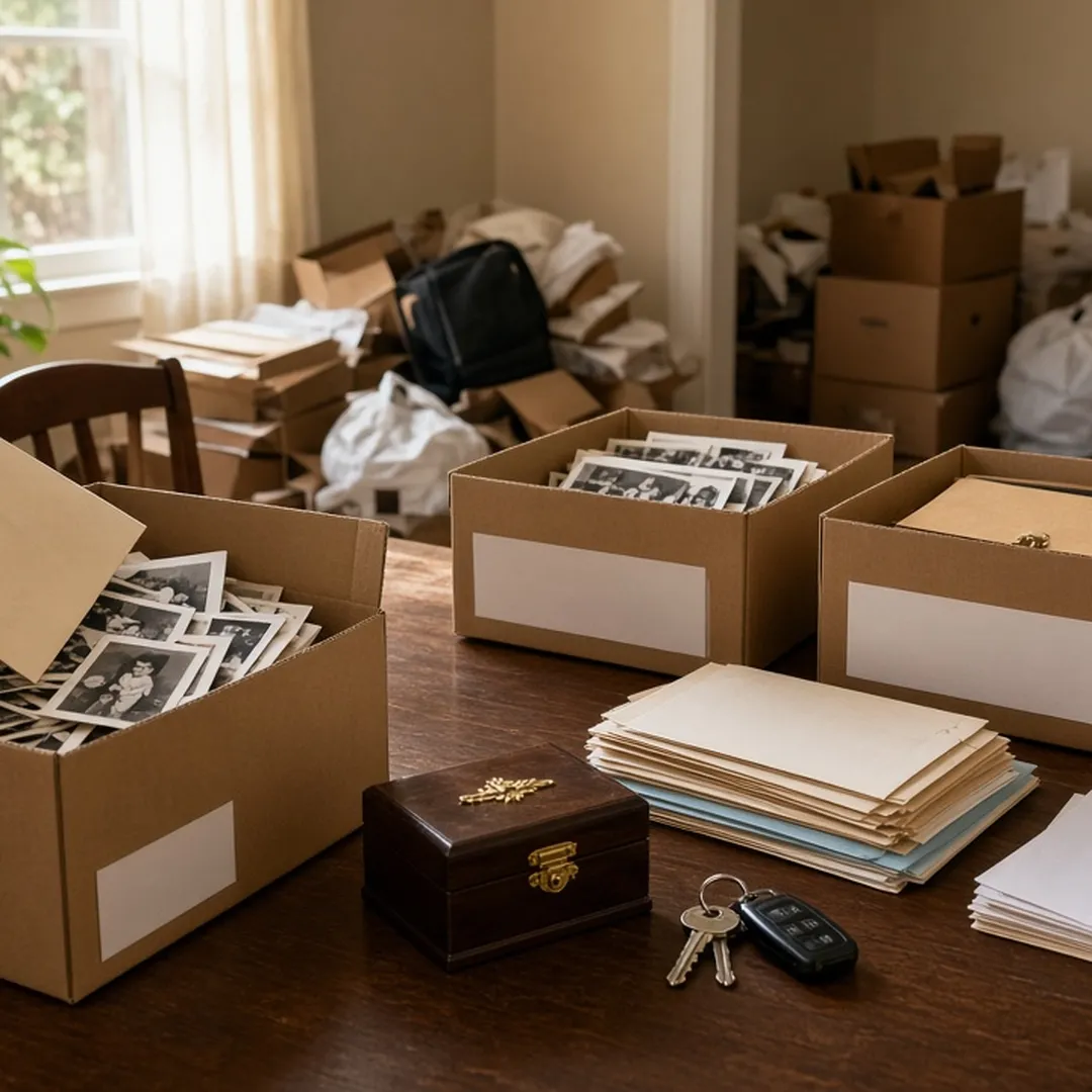 Boxes of saved papers set aside during an estate cleanout